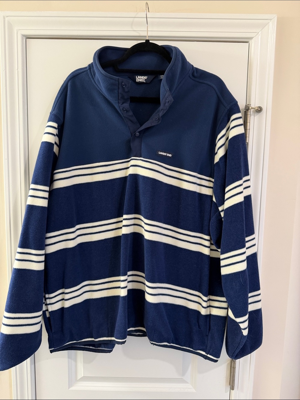 Lands' End Navy & White Striped Snap-Neck Fleece